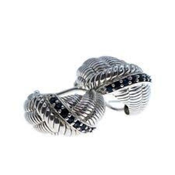 Judith Ripka Blue Sapphire Sterling Silver Hoop Omega Post Earrings 925 - Picture 1 of 8